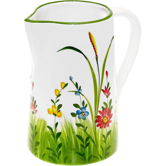 Handmade Italian Ceramic Pitcher Large, Jug with Wildflower Pattern, Pitcher with Handle Height 19 cm, Capacity 1.5 l