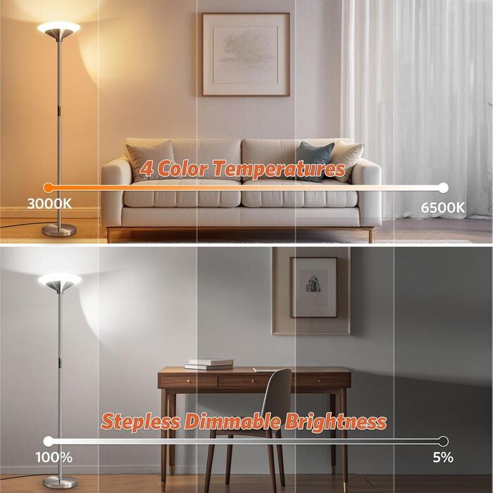 LED торшер BBHome для вітальні з регулюванням яскравості, 27W, з лампою для читання 6W, дистанційним керуванням та сенсором, 3000K-6500K, срібний