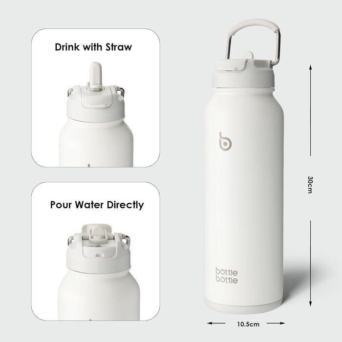 BOTTLE BOTTLE Insulated Water Bottle with Straw, Sports Stainless Steel Water Bottle with Handle Lid, Outdoor Sports Bottle for Pills, 1L (White)