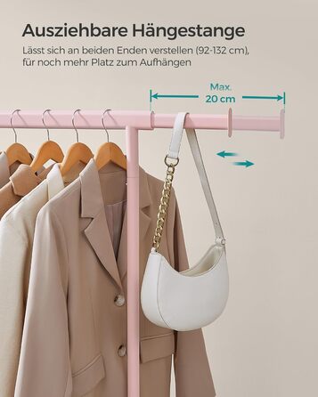 SONGMICS Стійка для одягу на коліщатках, важка, висувна штанга, до 100 кг, рожева HSR013R01, 92-132 см