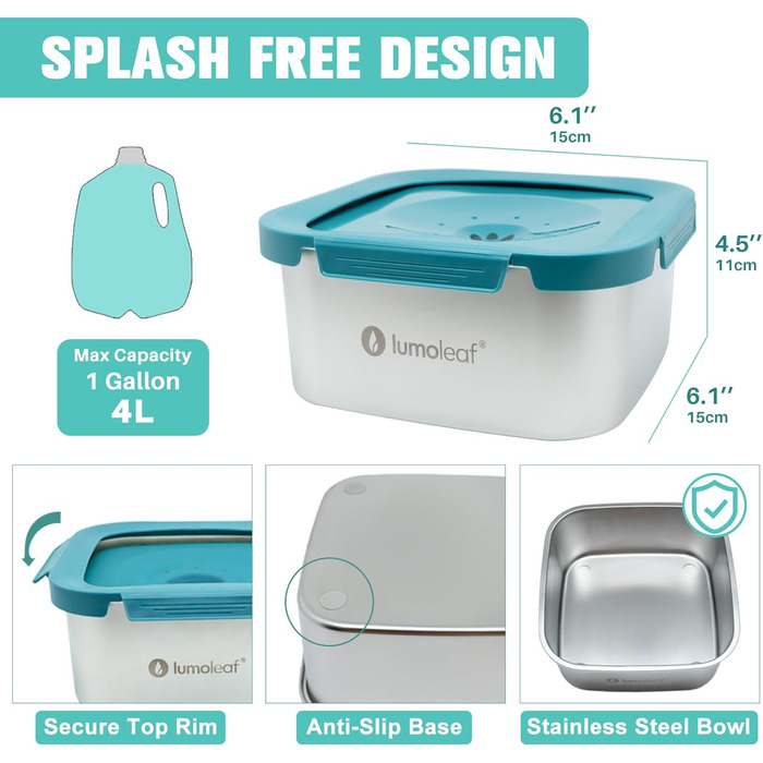 Миска для води для собак LumoLeaf, 4 літри, не протікає, з нержавіючої сталі, антиковзаюча, для подорожей, з фільтром, блакитна