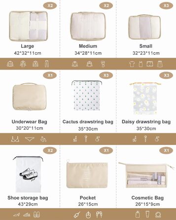 Набір органайзерів для валізи 18 шт., водонепроникні Packing Cubes, бежевий. Організатори для подорожей з чохлами для одягу