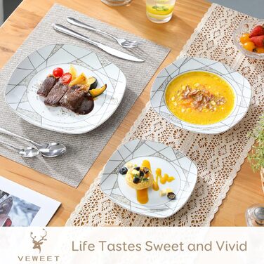 VEWEET Сервіз столовий 'Serena' з порцеляни, 24 частини | Комплект включає миски для каші, десертні тарілки, тарілки для їжі та супові тарілки | Сервіз для 6 осіб/ресторану/сім'ї (Білий, 18-частинний сервіз)