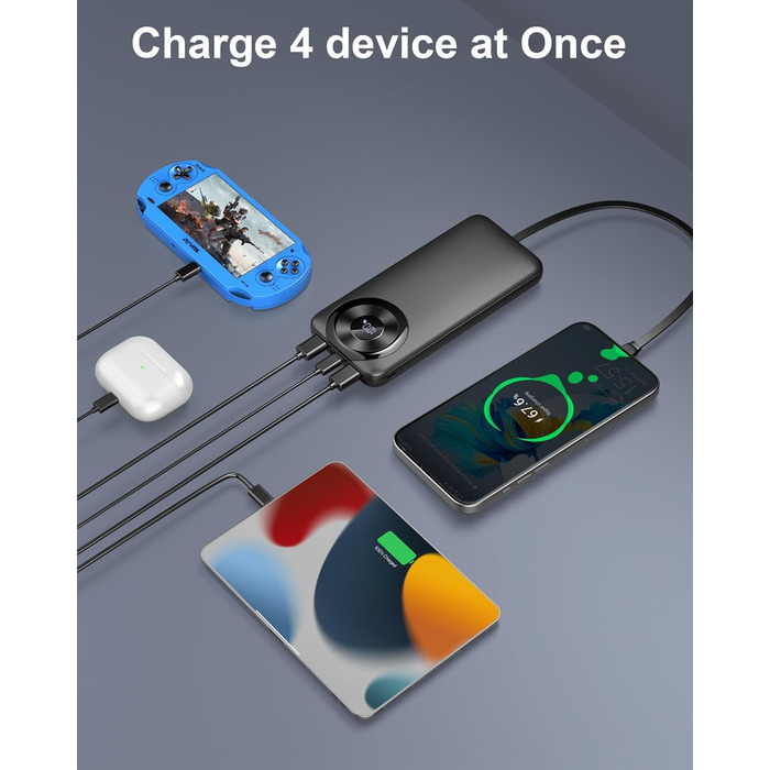 Портативний зарядний пристрій з вбудованими кабелями та роз'ємами, акумуляторний пак, сумісний з Android та іншими пристроями, чорно-жовтий