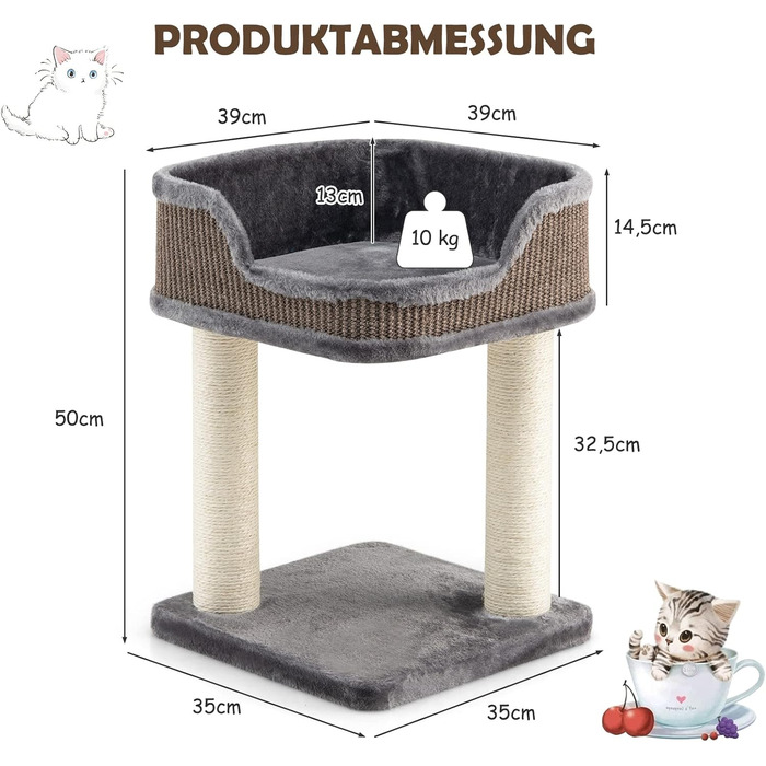 COSTWAY Cat Tree Small, Cat Tree with Large Plush Seat, Wooden Cat Scratching Post, Cat Cat Furniture Climbing Tree, Activity Tree Play Tree, Natural Sisal Tower with Scratching Posts (Gray)