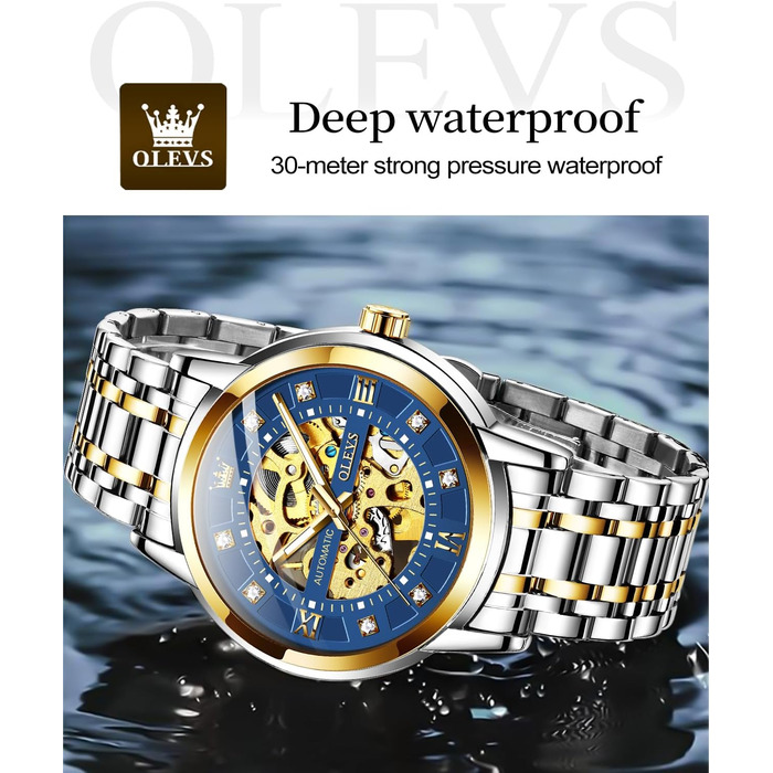 Чоловічий годинник OLEVS Gold Skeleton: автоматичний механічний, зі сталевим браслетом, водонепроникний, люксовий дизайн, синій циферблат