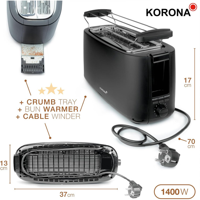 Тостер Korona 21060 на 4 скибки, довгий слот, регулювання ступеня підсмажування, розморожування, підігрів, 1400 Вт, підставка для булочок, піддон для крихт, центрування хліба, чорний матовий