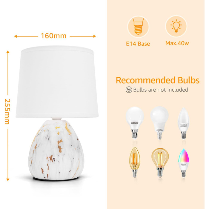 Настільна лампа Aigostar з кераміки, вінтажна модель з тканинним абажуром, патрон E14, макс. 40W, сучасна лампа для нічного столика, нічник для спальні, вітальні, офісу (без лампочки) - H235mm (білий золотий - H25.5cm)