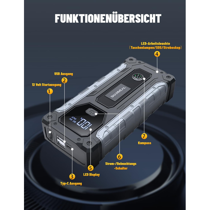 Powerbank для авто SHARMEAL 6000A: пусковий пристрій, 12V, LCD, LED, для бензинових та дизельних авто (до 10.0 л)