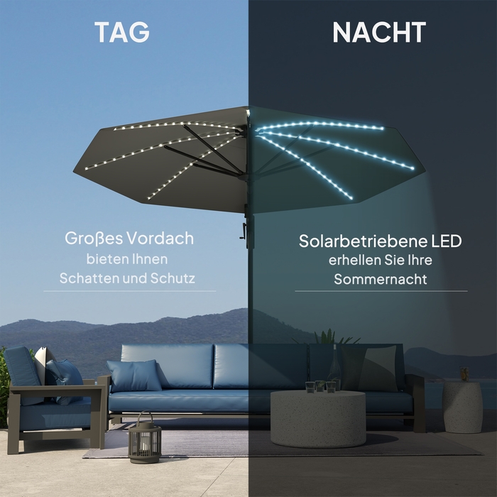 Сонячний парасоль з алюмінію Outsunny з LED-підсвіткою, сонячний, Ø300см, регульована висота, парасоль з ручним підйомом, стійка, SPF 50+, водовідштовхувальний, 360° обертання, торговельний парасоль, регульований нахил, садовий парасоль, захист від сонця 