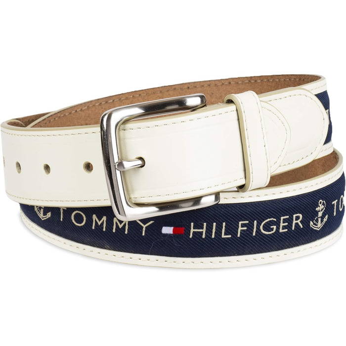 Чоловічий шкіряний ремінь Tommy Hilfiger з вставкою з тканини та класичною пряжкою (1 шт., 30 мм, кремовий з синьою вставкою)