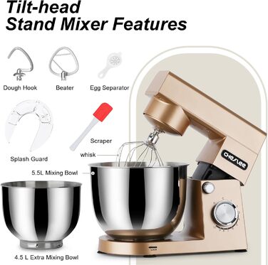 Кухонна машина Cheflee 1500W з місткими чашами з нержавіючої сталі (4.5L, 5.5L) та 10+ швидкостей, набір насадок (міксер, гак для тіста, вінчик, захист від бризок) (Золота)