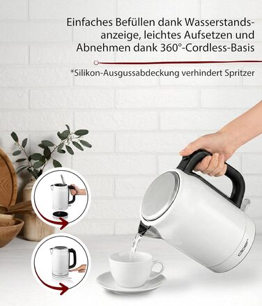 Електричний чайник Cloer 4511 з нержавіючої сталі, 2200 Вт, білий, 1.7 л, з індикатором рівня води та захистом від сухого кипіння та перегріву