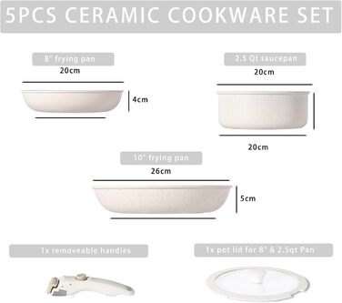 Набір посуду з кераміки 9 шт: каструлі та сковороди з антипригарним покриттям, Induktion, для духовки, без PTFE та PFOA, кремовий (5 шт. чорний)