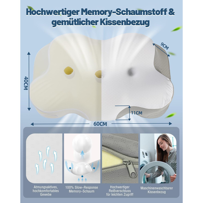 Ортопедична подушка для сну для тих, хто спить на боці, з зоною полегшення вух, з піною з пам'яті, для зняття болю в шиї, подушка для підтримки шиї, для спини/живота, темно-сіра