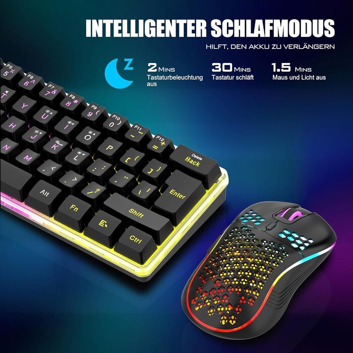 RedThunder Бездротовий ігровий комплект клавіатури та миші 60%, QWERTZ DE, для PC, MAC, PS5, Xbox, офісу. Чорний