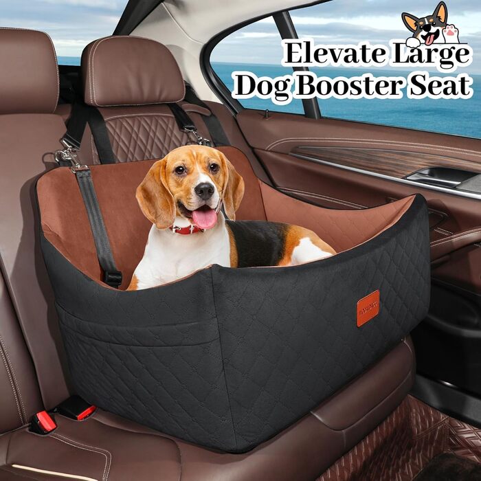 Wooaidagg Dog Car Seat for Medium & Large Dogs - Washable Memory Foam Pet Bed with 2 Leashes (Black/Brown)