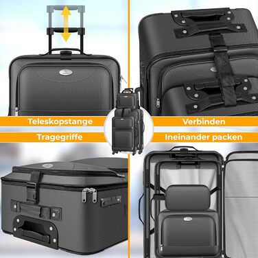 Набір валіз KESSER® 4-в-1 | Тріумф у подорожах: комплект з валізи-тролі, тканинної валізи, косметички та великої валізи для бізнесу та подорожей | Антрацит