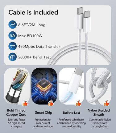 65W USB-C зарядний пристрій 3-портовий з кабелем 2м: для MacBook, iPhone, Switch, Galaxy, Tablet, Laptop