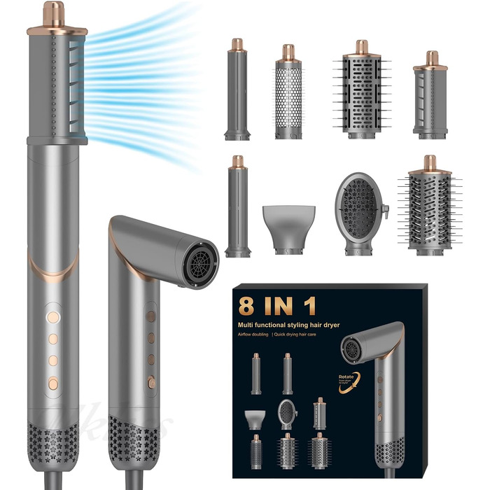 UKLISS 8-в-1 Pro Airstyler: Фен-щітка, локони, стайлер для волосся, 1400W, 110,000RPM, подарунок для жінок