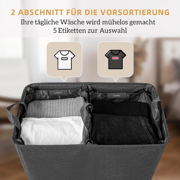 Laundry Basket with Lid, 135L Extra Large Laundry Basket with 2 Compartments, Dirty Clothes Hampers for Laundry, Laundry Collector with 2 Divided Compartments, Laundry Basket Organizer for Bedroom, Dark Gray