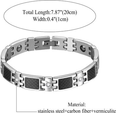 Чоловіче магнітне браслет JewelryWe з нержавіючої сталі, терапевтичний ефект, великий, масивний, з ланцюжком, для здоров'я, подарунок на День батька (вуглеволокно & цирконій, чорний/сріблястий)