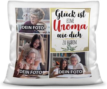 Подушка з наповнювачем Print Royal з фотоколажем та написом для прабабусі GLÜCK, з трьома власними фото, подарункова фотоподушка з поліестеру, біла