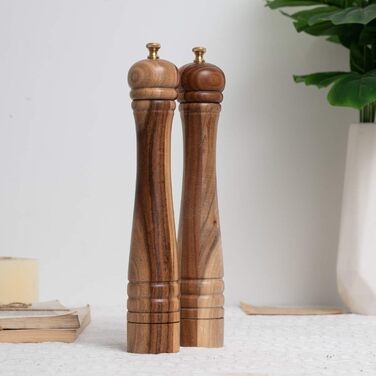 DeroTeno Salt and Pepper Grinder Set, Pepper Grinder with Stainless Steel Grinder, Salt Grinder with Ceramic Grinder, Acacia Wood, H 30 cm