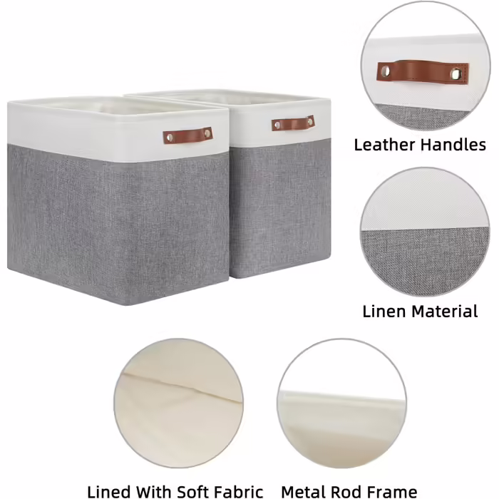 HNZIGE Large Storage Baskets, Rectangular Storage Baskets, Baskets for Organizing [2 Pack] Tall Shelf Baskets with Handles, Decorative Organizer for Home Storage, Closet (White-Gray)