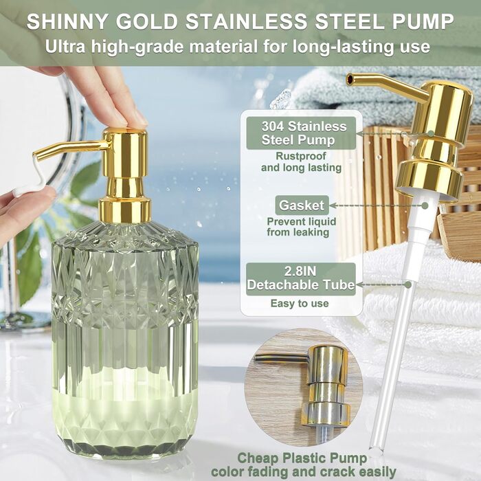 Набір аксесуарів для ванної кімнати зі скла (5 предметів), набір дозаторів для мила зі скла з нержавіючої сталі, елегантний сучасний декор для ванної кімнати, подарунок на День святого Валентина, день народження або новосілля (Shallowgreen)