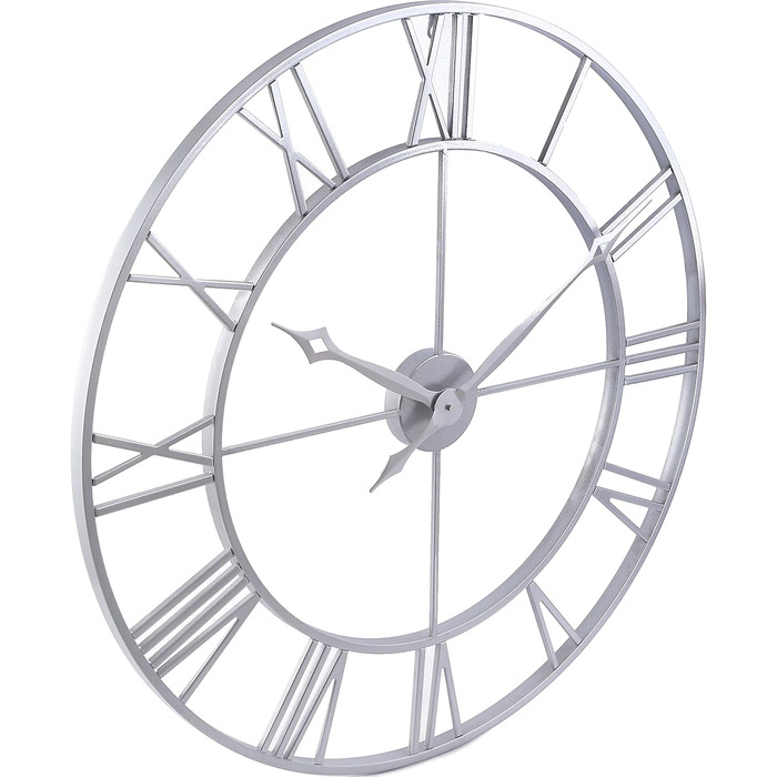 Samilito Large Wall Clock in Vintage Style, Round, Silent, Silver. Includes a FREE extra set of black clock hands. Metal clock for Loft, Living Room, Bedroom, and Kitchen decoration (Silver, 76 cm)