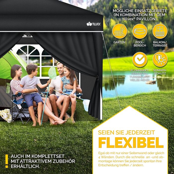tillvex® for 3x3m Pavilion | Folding Pavilion Side Walls Water-Repellent | Side Windows & Zipper | Side Walls for Garden Tent Party Tent (4x Side Wall, Black)