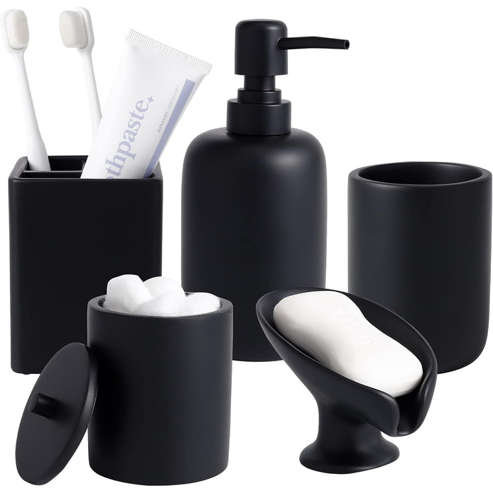 Набір аксесуарів для ванної кімнати з штучного каміння, матовий чорний, 5 предметів: дозатор мила, органайзер, тримач для зубних щіток, самостійно висувний дозатор мила та стакан для ванної кімнати. Сучасний дизайн.