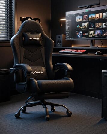 Геймерське крісло Nexthra Ergonomisch з підставкою для ніг, до 180 кг, чорне. Регульована спинка 150°, для геймінгу та офісу