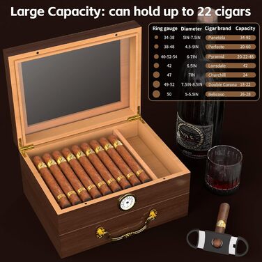 Герметичний вологомір для сигар | Humidor з вологоміром, виготовлений з порцелянового дерева, аксесуари, повний комплект аксесуарів | Для 20–70 сигар (Колір: чорне горіхове дерево)