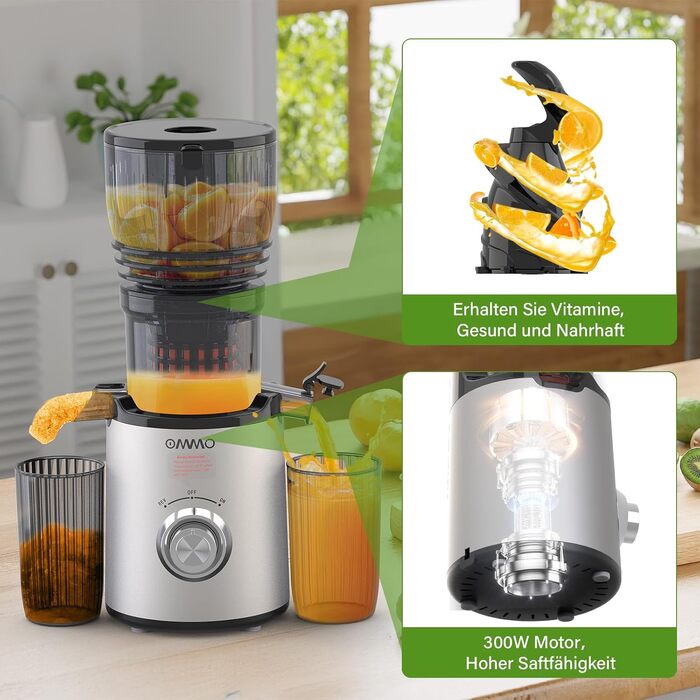 Шнекова соковижималка OMMO Slow Juicer для овочів та фруктів, 300 Вт, срібляста