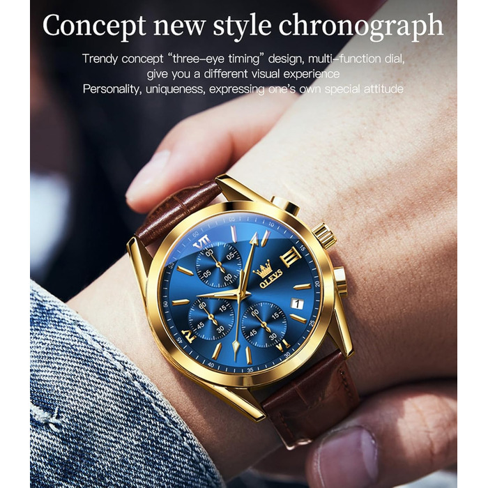 Чоловічий годинник-хронограф OLEVS 2872: кварцовий механізм, підсвічування, синій циферблат та шкіряний ремінець