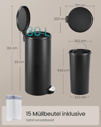 Сміттєвий відер SONGMICS для кухні з кришкою та системою SoftClose, чорний, 30 л