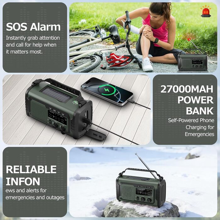 Радіо на сонячній батареї та ручному приводі 27000mAh з Bluetooth, FM/AM, SOS сигналом, динаміком та підключенням для навушників (Зелений)