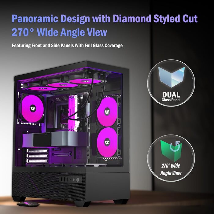 Корпус ПК KEDIERS G800-B50F з 5 вентиляторами PWM ARGB, Mid-Tower, чорний, з панеллю з загартованого скла