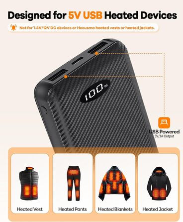 Powerbank для підігрівальної жилетки 5V 3A 12000mAh USB, сумісний з Techstuph, vapesoon, burngogo (не для жилеток 7.4V/12V DC), чорний