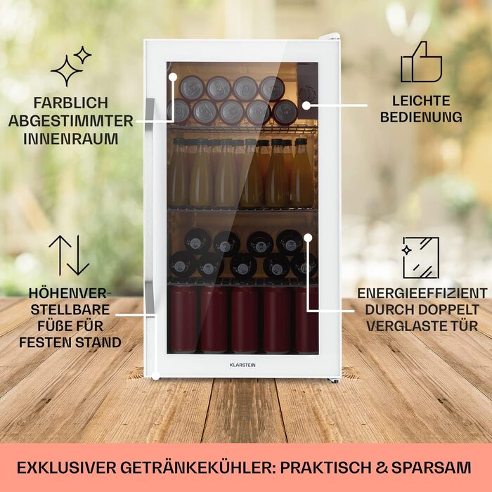 Klarstein Mini Fridge with Glass Door - 80L Compact Beverage Cooler with Adjustable Shelves & Wave Design Racks