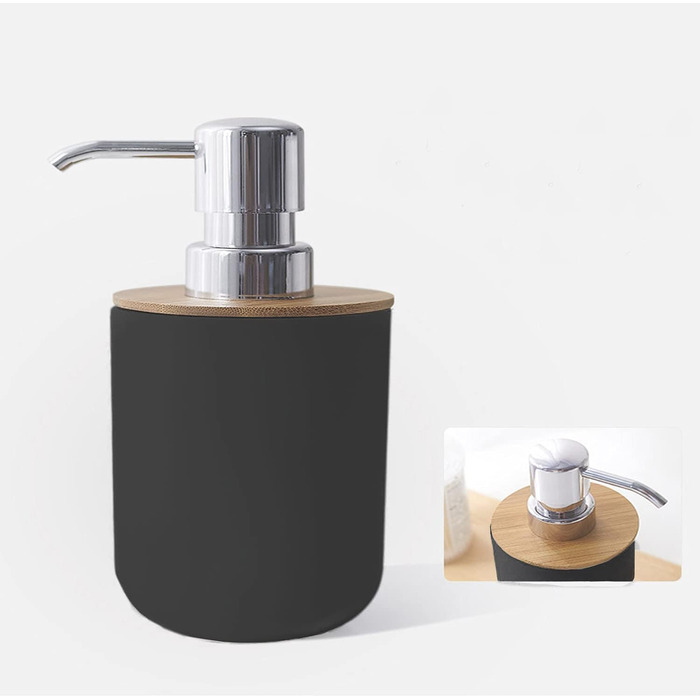 Набір для ванної кімнати MisFox з бамбука (6 предметів): диспенсер для лосьйону, сміттєвий бак, тримач для зубних щіток, стаканчик для зубної пасти, щітка для унітазу, мильниця. Чорний колір.