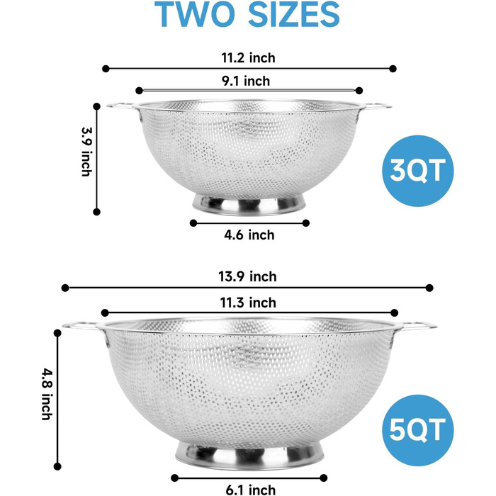 Дуршлаг кухонний 3QT + 5QT, 2 шт, нержавіюча сталь, з ручками для фруктів, овочів, безпечний для посудомийної машини