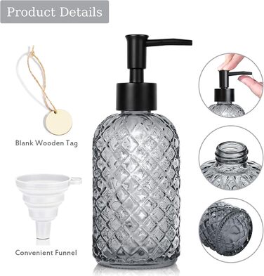 Скляний диспенсер для мила 500 мл з хвильовим дизайном для ванної кімнати та кухні, з чорним насосом, дерев'яними етикетками та воронкою (Charcoal, сірий)