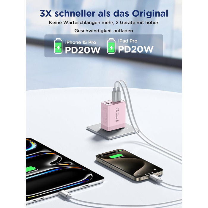 Двопакет USB-C зарядний пристрій Aioneus 4 порти, 40W, PD 3.0, для iPhone, Samsung та інших телефонів (рожевий)