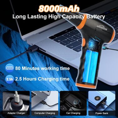 Електричний пилосос-фен WHATOOK Mini: 3 швидкості, 150000 обертів/хв, акумулятор 8000mAh, LED, для чищення ноутбука, клавіатури, авто