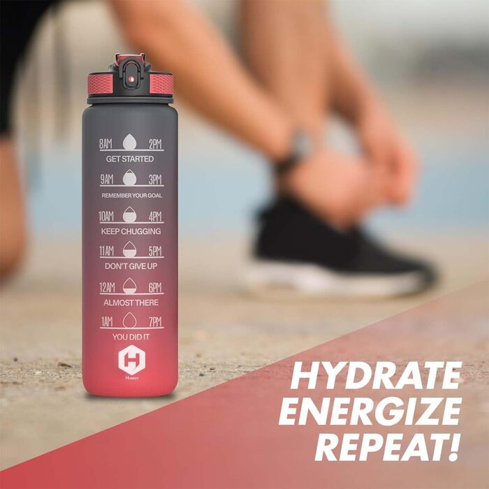1L Drinking Bottle - BPA-Free Drinking Bottle with Straw and Time Markings - Water Bottle for Bicycle, Outdoor, School, Running, and Gym - Carbonated Drink Bottle Suitable (gray and red)