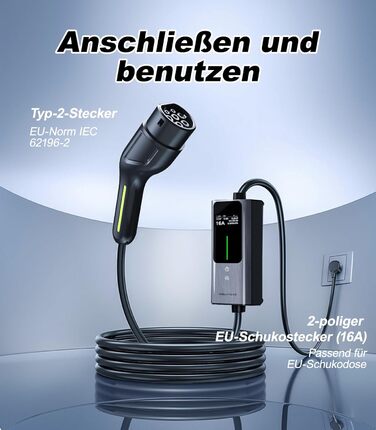 Кабель для зарядки електромобіля Type 2, 3.6 кВт / 5 м, 6A-16A, портативний зарядний пристрій для електрокар, сумісний з EU-Schuko (3.68 кВт)