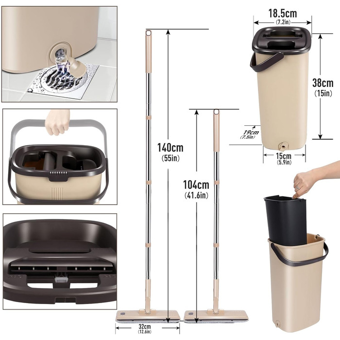 Набір для миття підлоги з відром, Masthome, компактний, з віджимом, 3 мікрофібрових насадок, нержавіюча сталь, 2 в 1, для дерев'яних, плиткових та мармурових підлог (Бежевий)